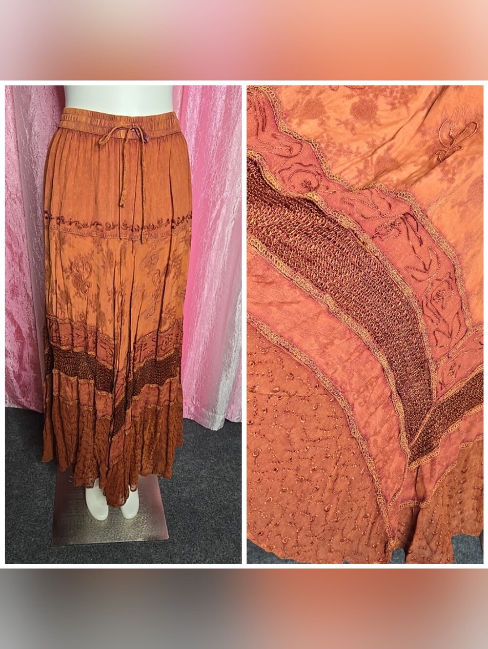 Vintage Exquisite Dark Orange Embroidered Prairie Boho Hippie Skirt One Size